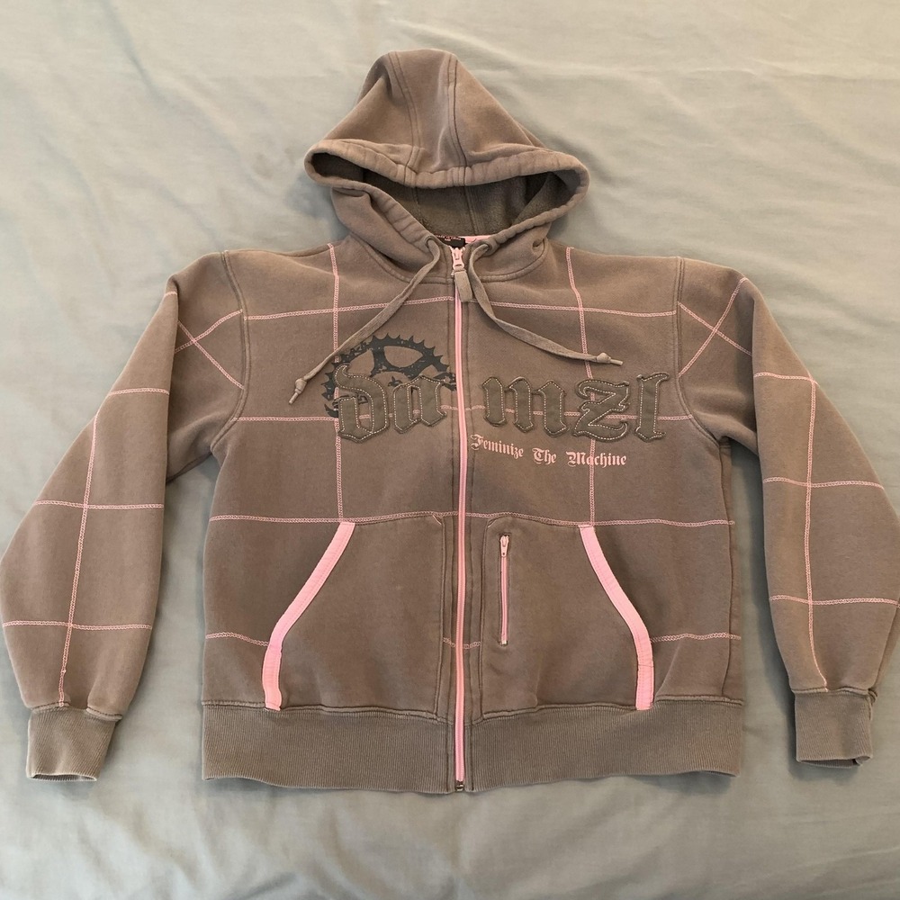 Damzl Hoodie Womens Medium Brown Pink Full Zip Feminize The Machine Graphic - Picture 2 of 9